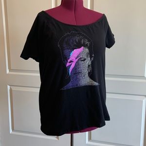 Cotton T-shirt with David Bowie graphic and wide scoop neck